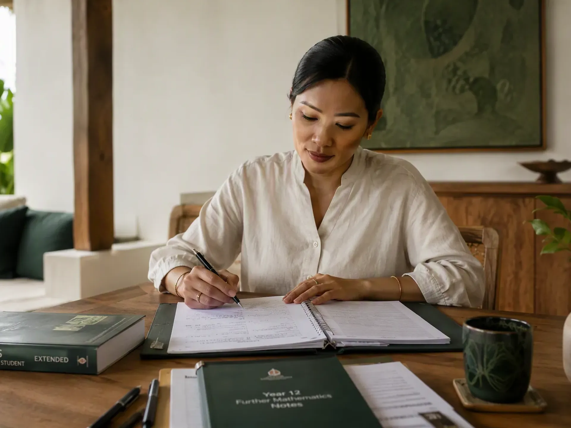 An Indonesian educator preparing a one-to-one lesson at an oak table in a bright Bali villa, with student books and learning materials on the table.