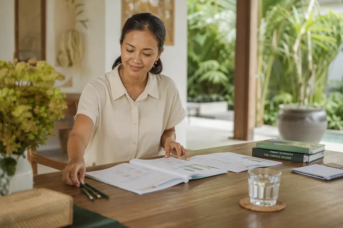 An Indonesian educator preparing a one-to-one lesson at an oak table in a bright Bali villa, with student books and learning materials on the table.