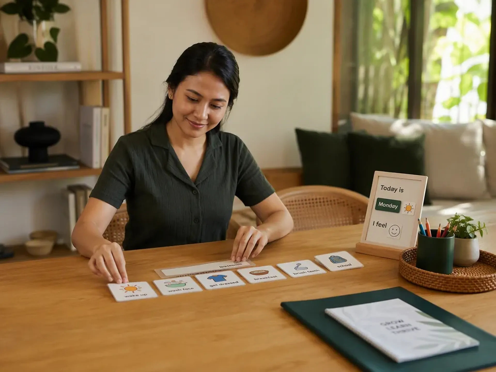 An Indonesian educator preparing a one-to-one lesson at an oak table in a bright Bali villa, with student books and learning materials on the table.
