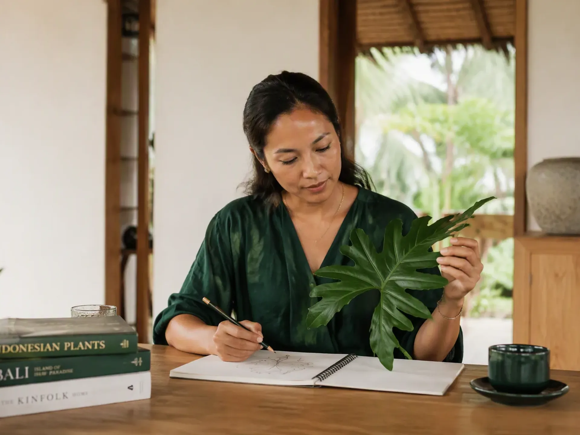 An Indonesian educator preparing a one-to-one lesson at an oak table in a bright Bali villa, with student books and learning materials on the table.