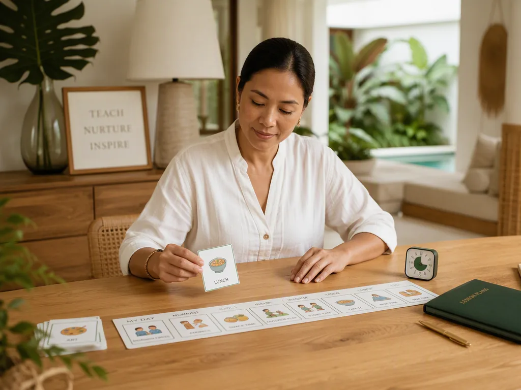 An Indonesian educator preparing teaching materials at an oak table in a bright Bali villa.