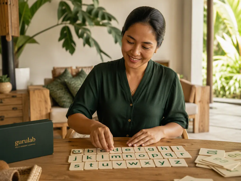 An Indonesian educator preparing teaching materials at an oak table in a bright Bali villa.