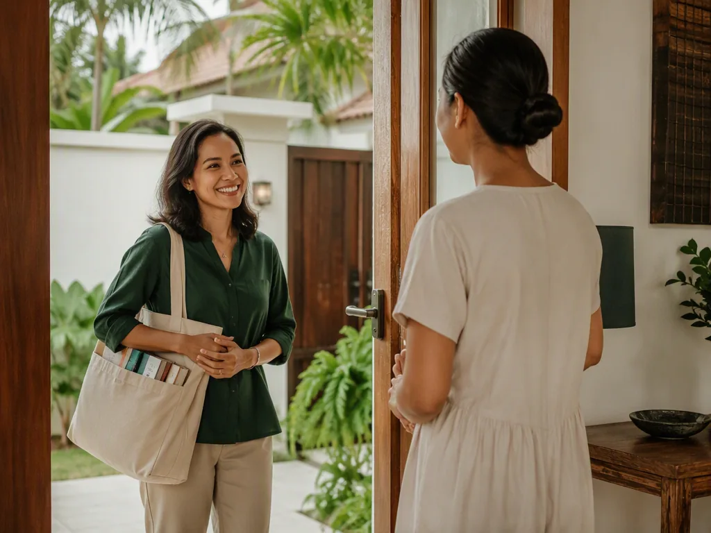 An educator carrying books being welcomed at a home. Illustrative tutoring arrival, not a Sanur School teacher or campus.