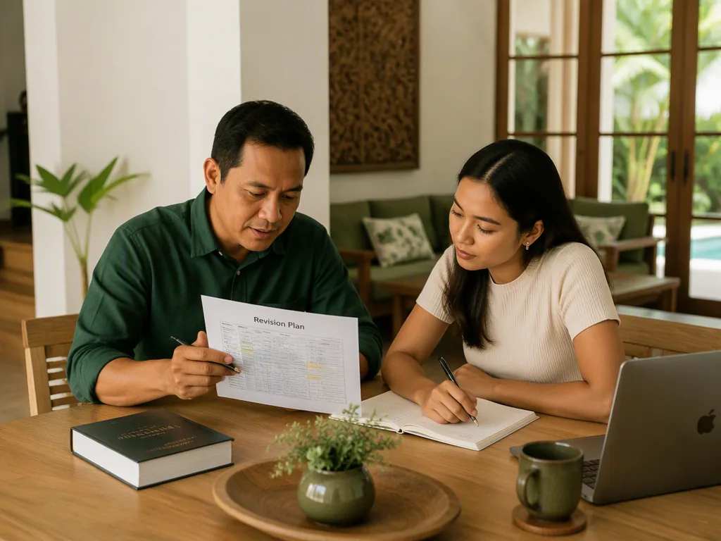 An Indonesian educator preparing teaching materials at an oak table in a bright Bali villa.