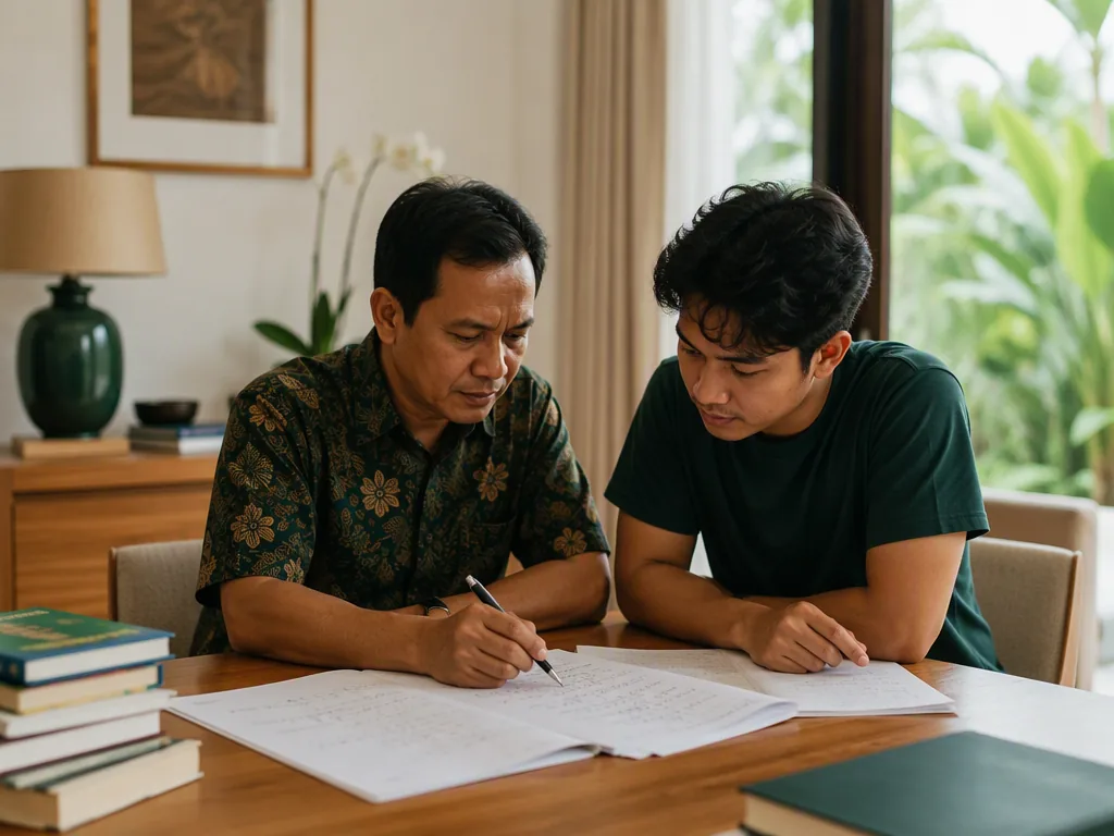 An Indonesian educator preparing teaching materials at an oak table in a bright Bali villa.
