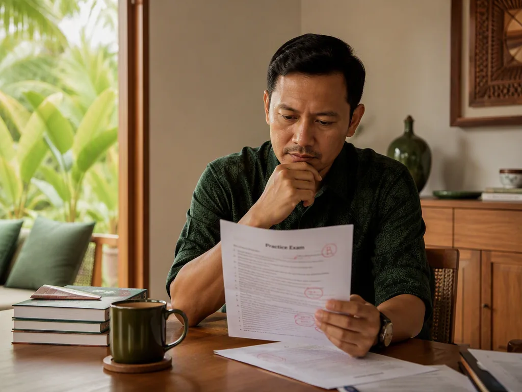 An adult reviewing a practice paper at a desk. Illustrative exam preparation, not an ACS Bali admission assessment.