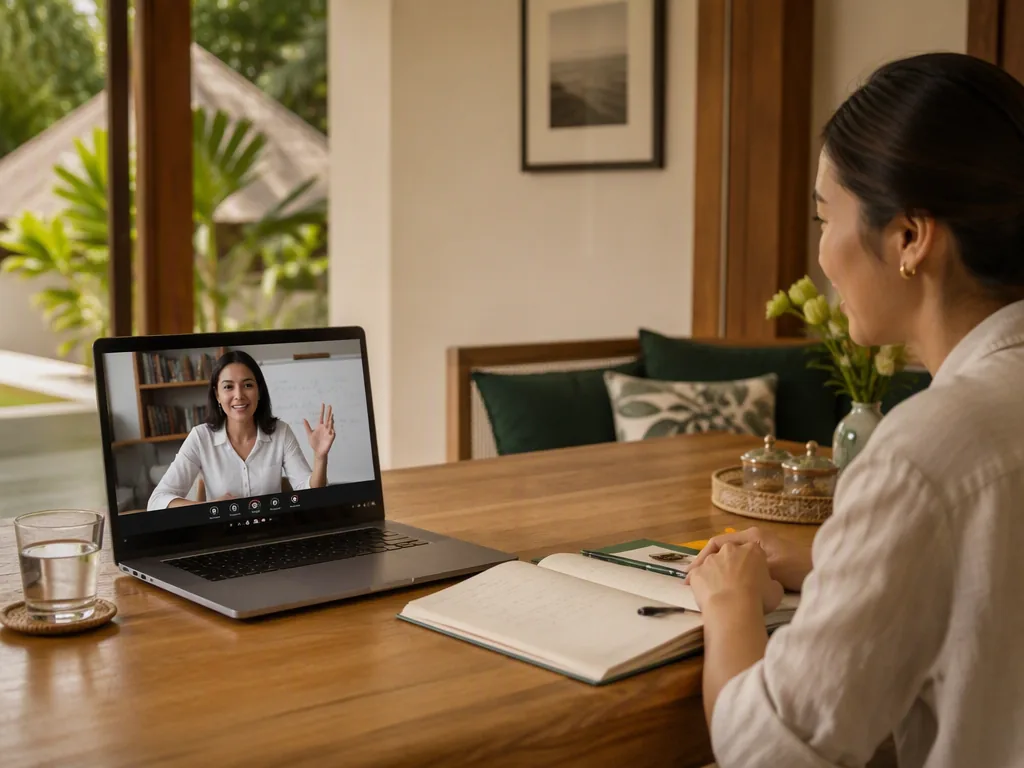 An Indonesian educator preparing teaching materials at an oak table in a bright Bali villa.