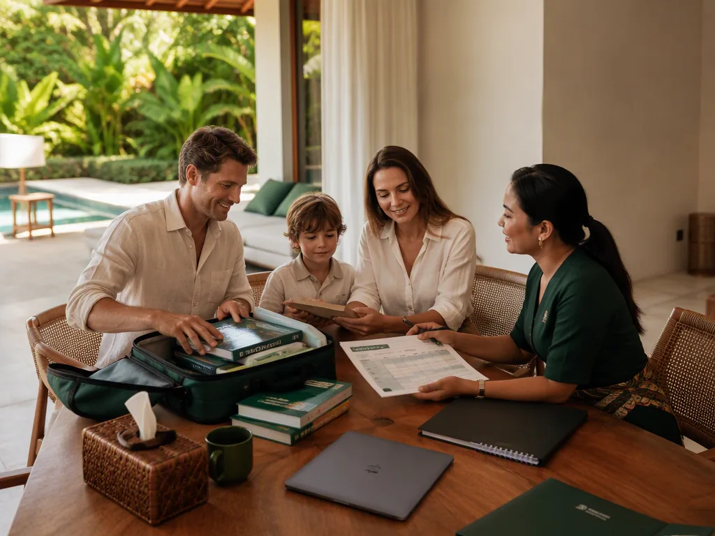 An Indonesian educator preparing teaching materials at an oak table in a bright Bali villa.