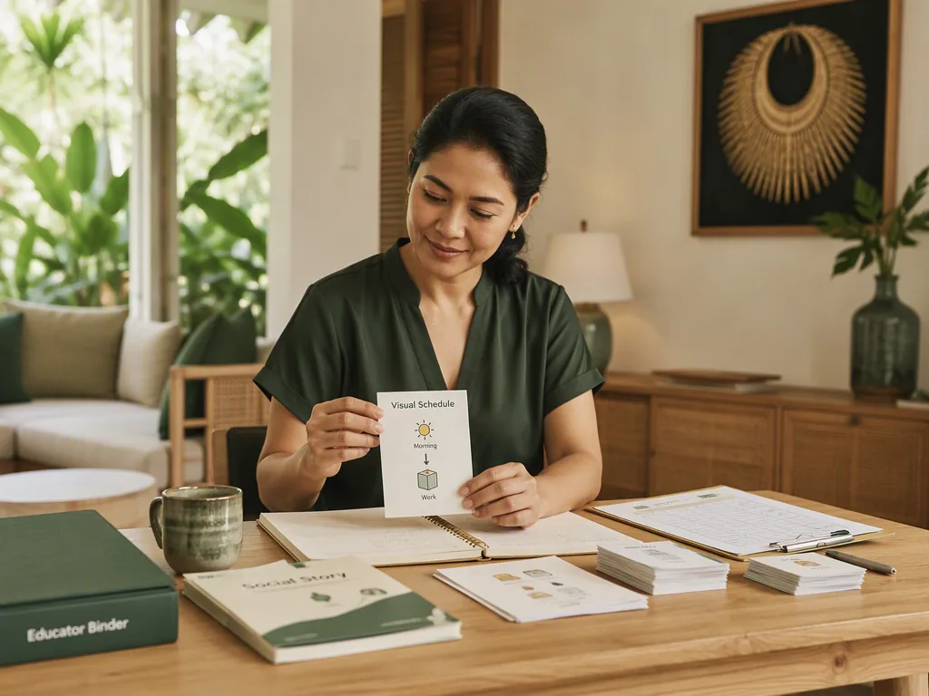 An Indonesian educator preparing teaching materials at an oak table in a bright Bali villa.