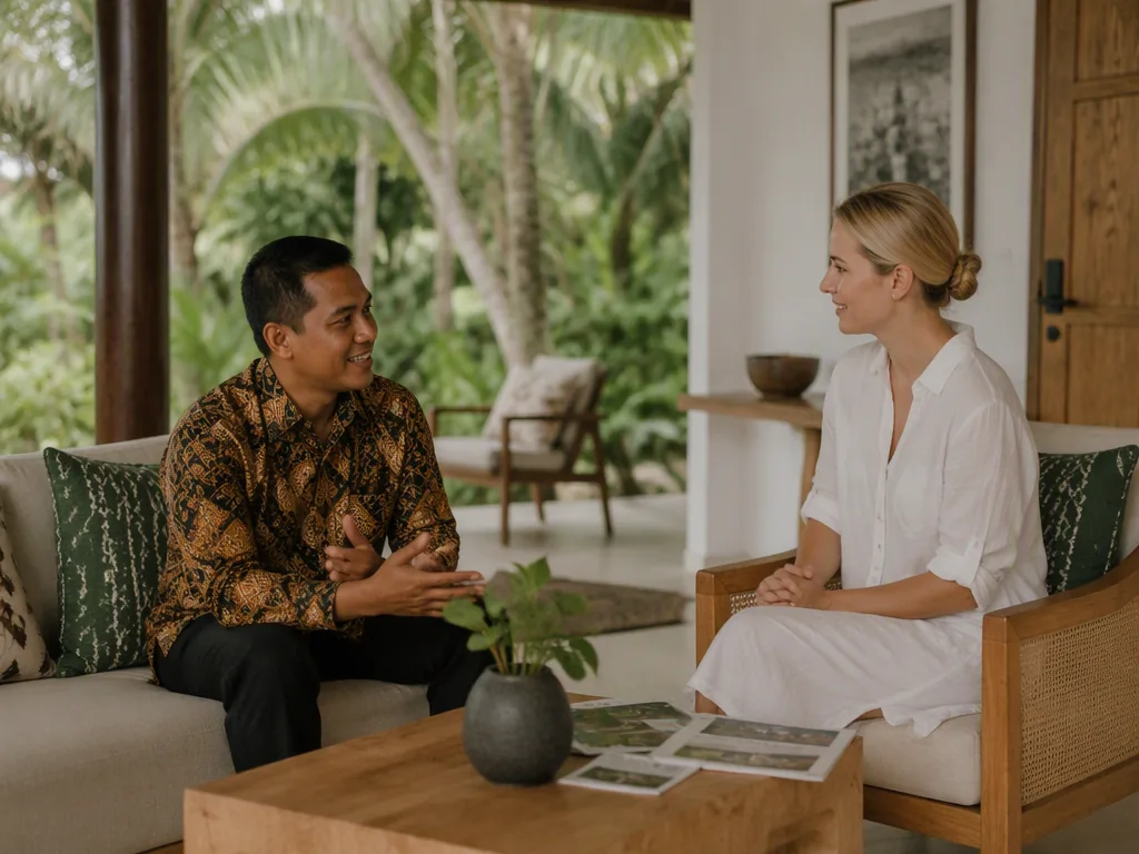An Indonesian educator preparing teaching materials at an oak table in a bright Bali villa.