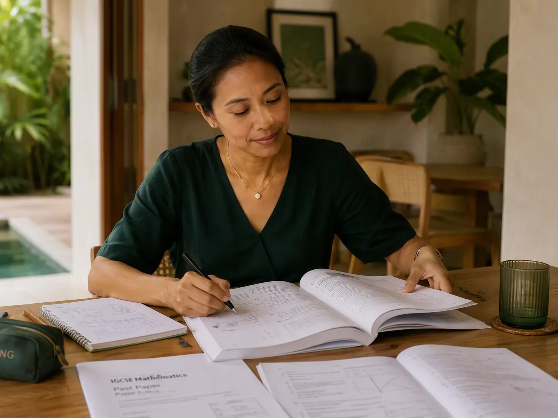 An Indonesian educator preparing a one-to-one lesson at an oak table in a bright Bali villa, with student books and learning materials on the table.