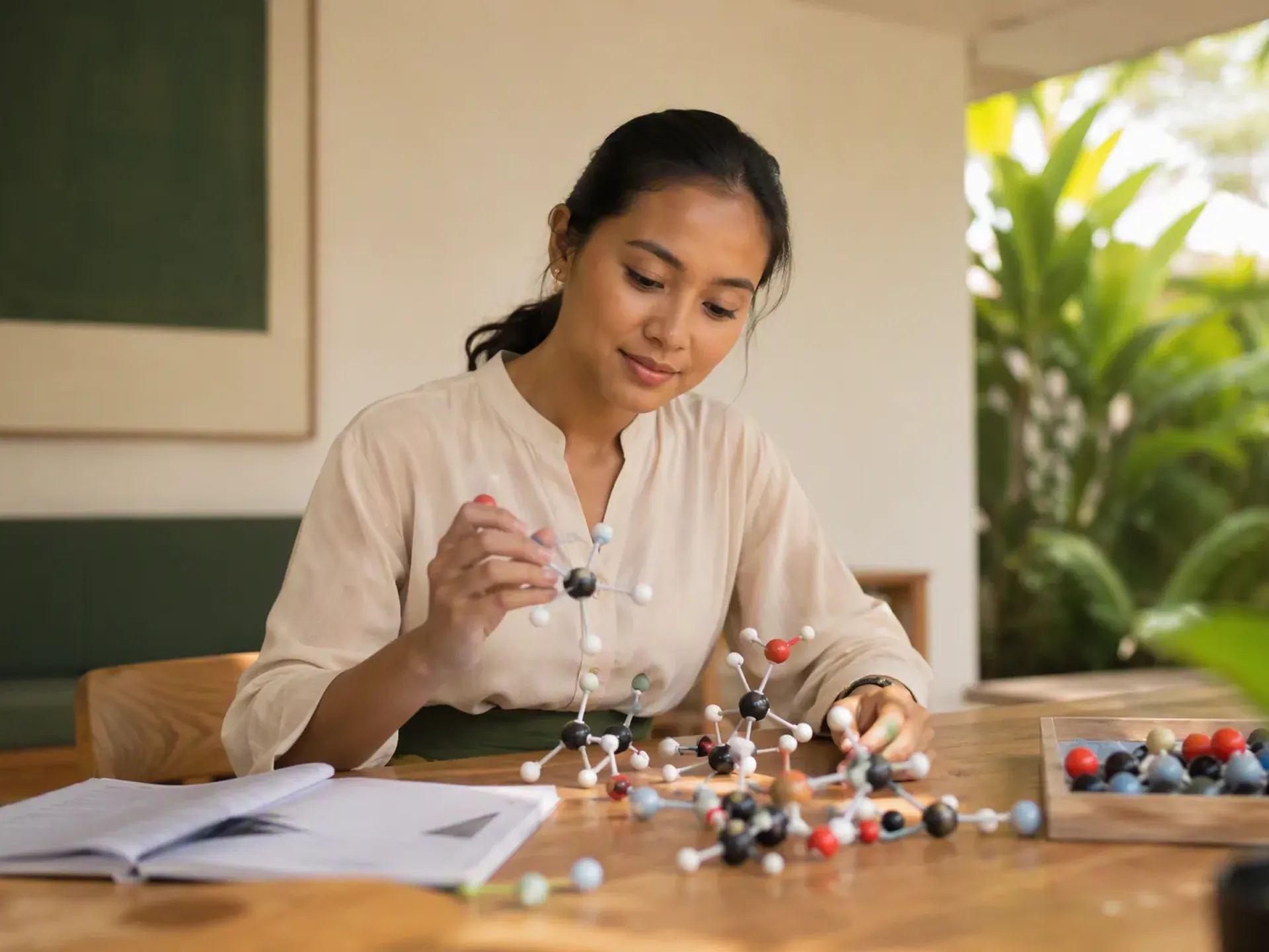 An Indonesian educator preparing a one-to-one lesson at an oak table in a bright Bali villa, with student books and learning materials on the table.