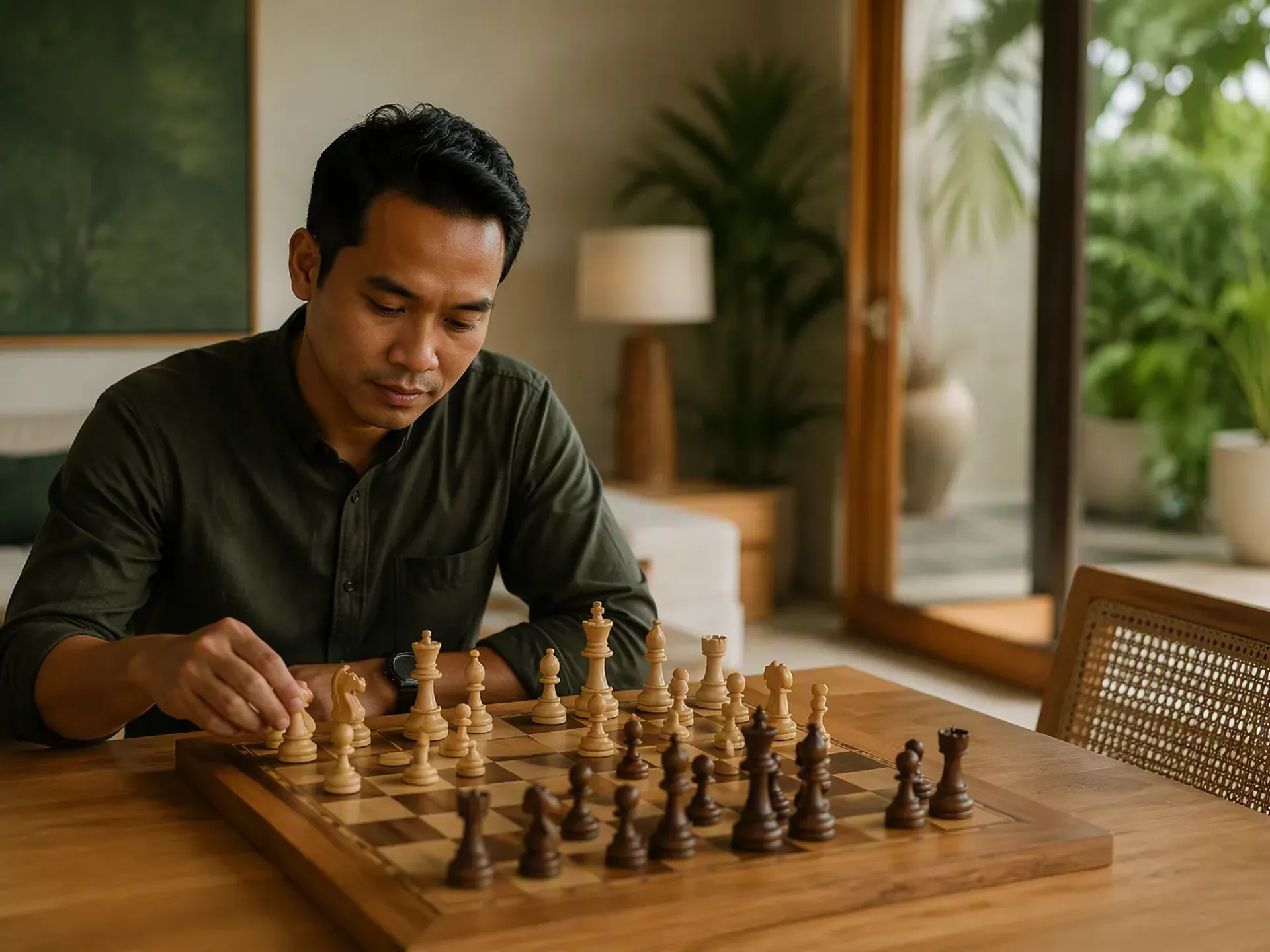 An Indonesian educator preparing a one-to-one lesson at an oak table in a bright Bali villa, with student books and learning materials on the table.