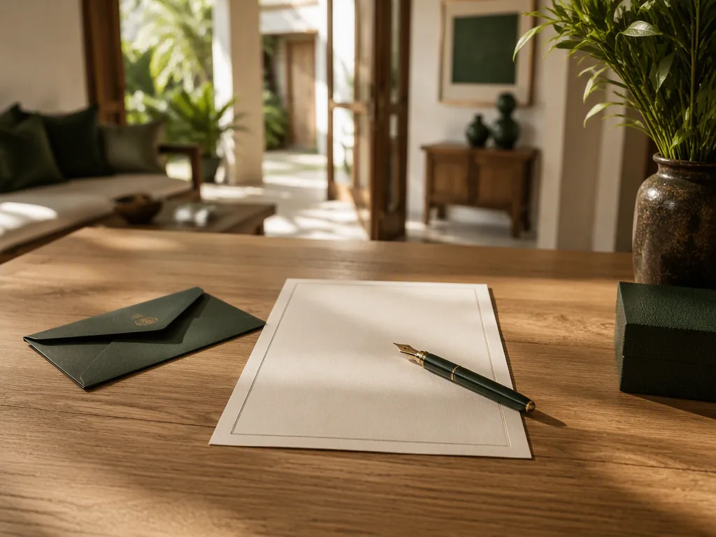 An Indonesian educator preparing teaching materials at an oak table in a bright Bali villa.