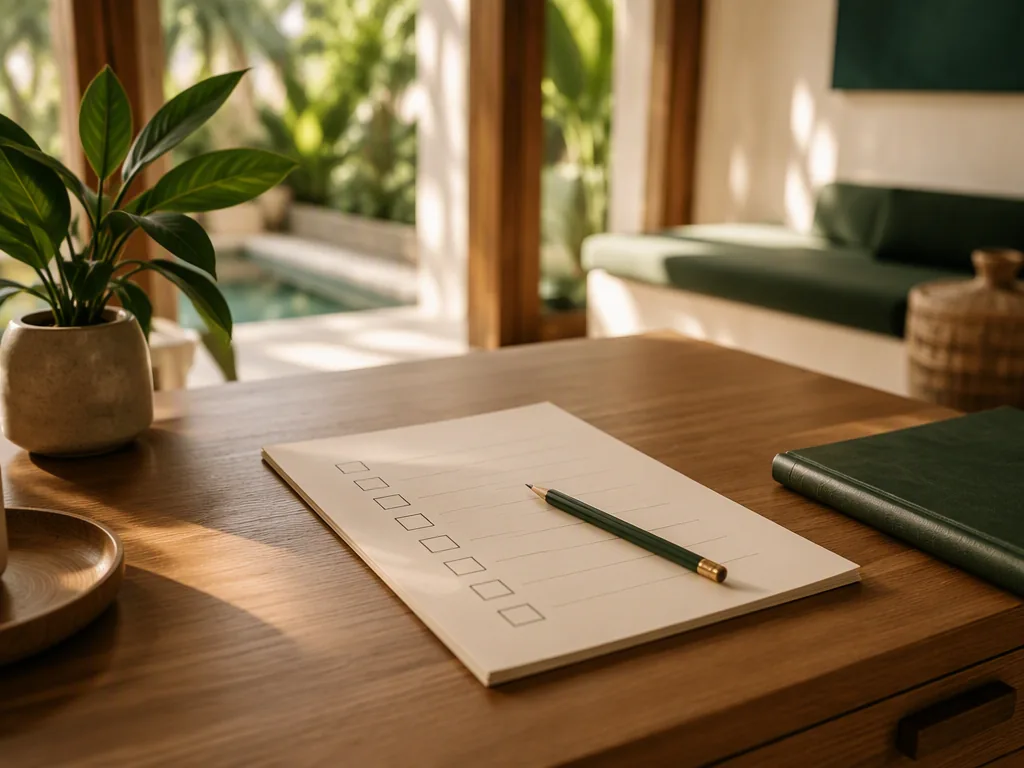 An Indonesian educator preparing teaching materials at an oak table in a bright Bali villa.