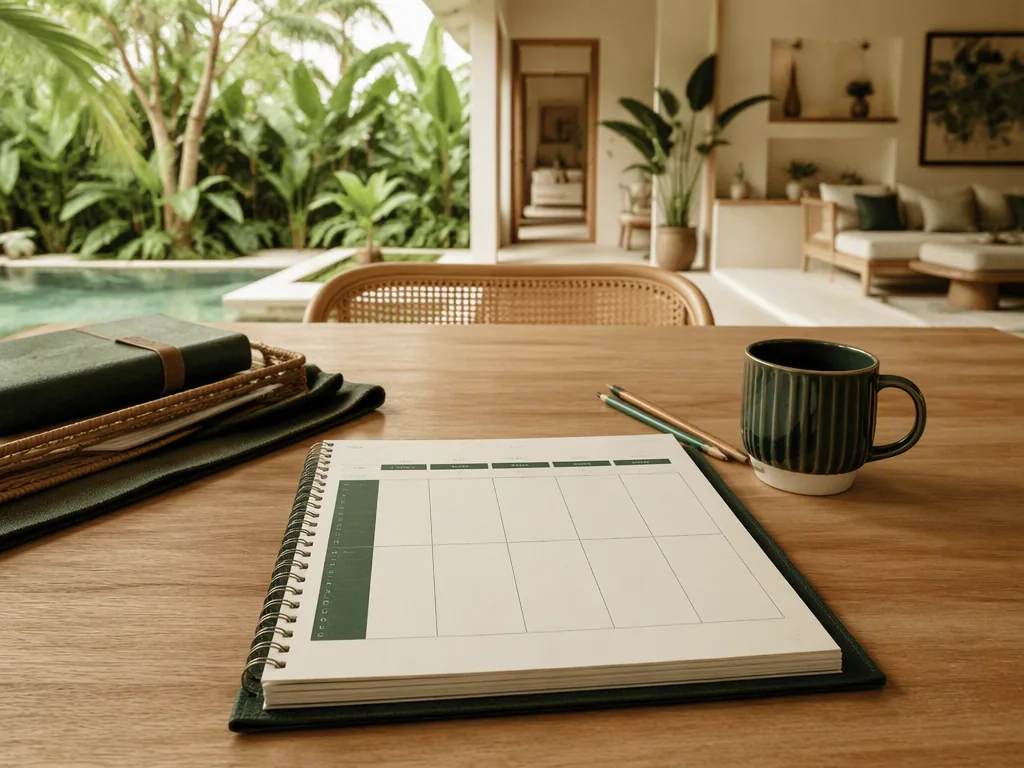 An Indonesian educator preparing teaching materials at an oak table in a bright Bali villa.