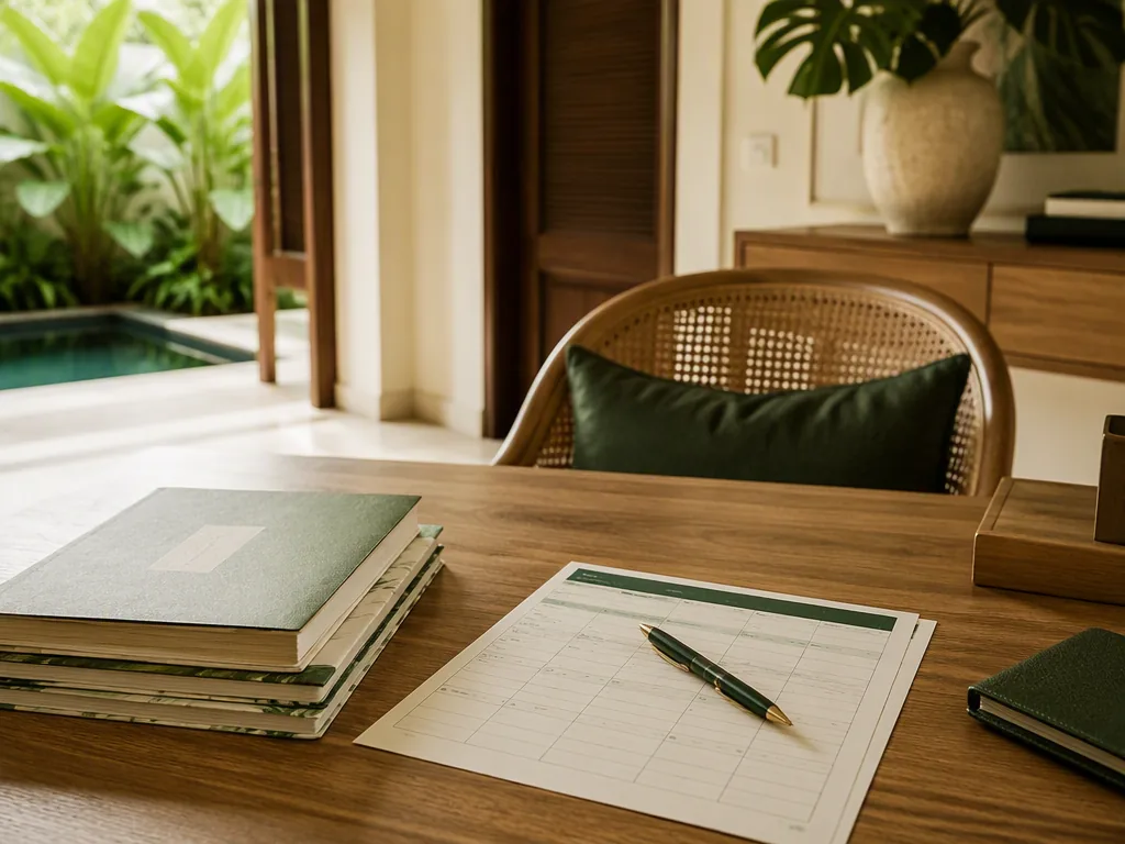 An Indonesian educator preparing teaching materials at an oak table in a bright Bali villa.