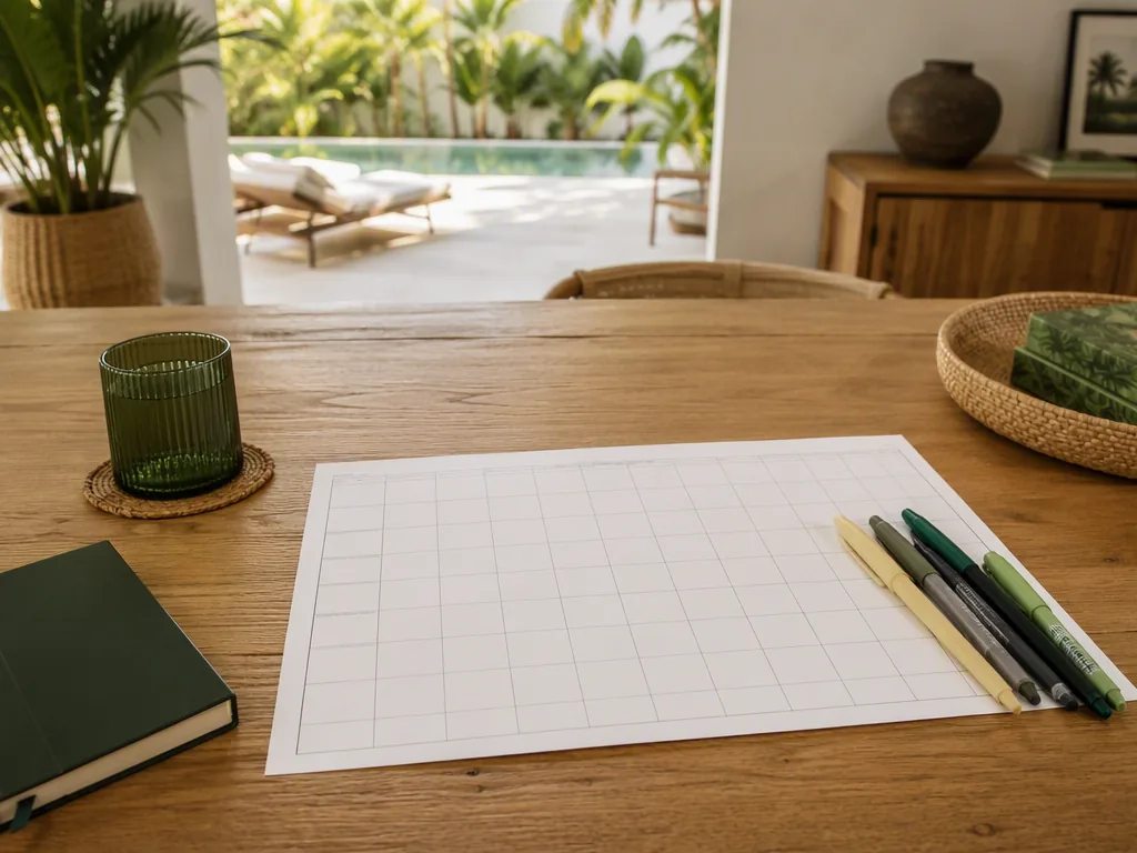 An Indonesian educator preparing teaching materials at an oak table in a bright Bali villa.