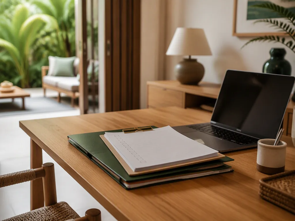 An Indonesian educator preparing teaching materials at an oak table in a bright Bali villa.