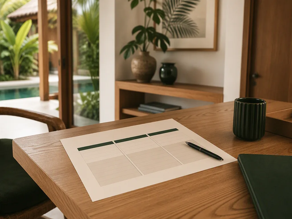 An Indonesian educator preparing teaching materials at an oak table in a bright Bali villa.
