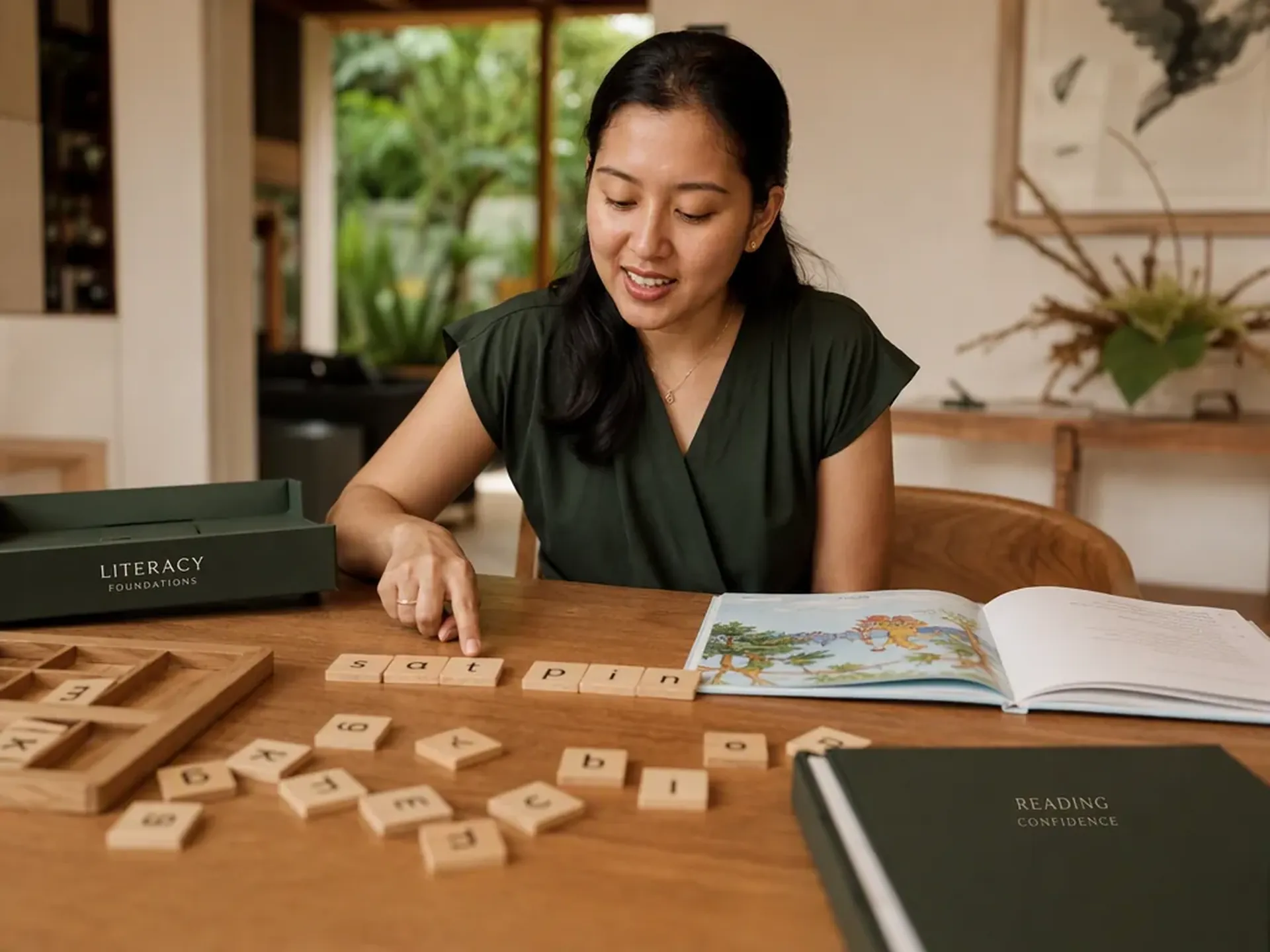 An Indonesian educator preparing a one-to-one lesson at an oak table in a bright Bali villa, with student books and learning materials on the table.