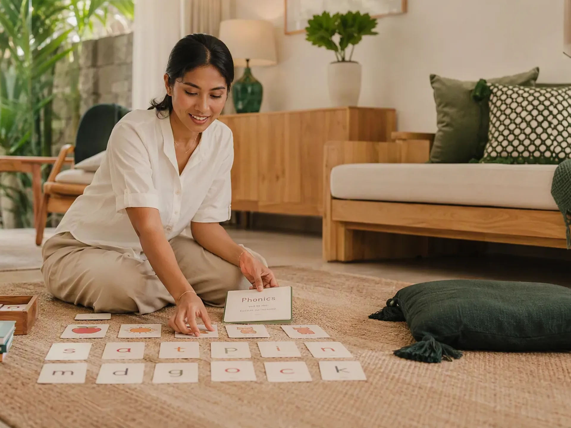 An Indonesian educator preparing a one-to-one lesson at an oak table in a bright Bali villa, with student books and learning materials on the table.