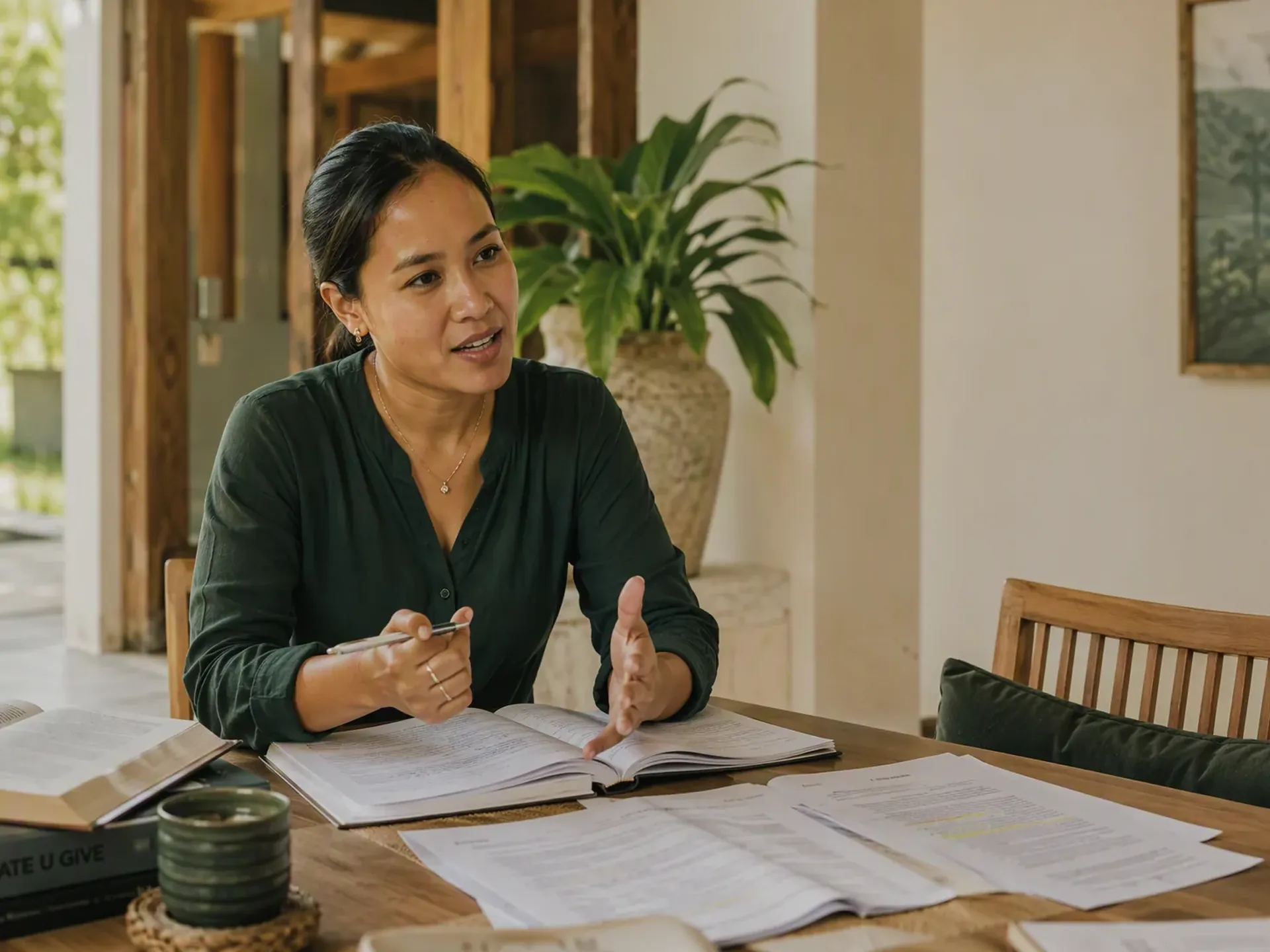 An Indonesian educator preparing a one-to-one lesson at an oak table in a bright Bali villa, with student books and learning materials on the table.