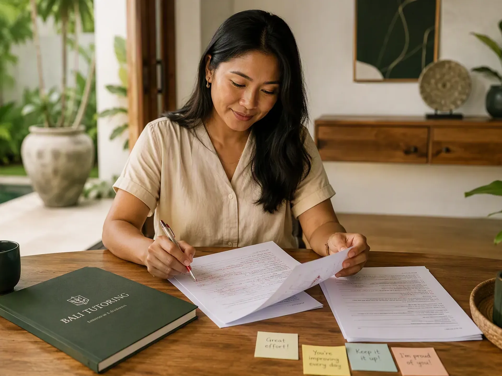 An Indonesian educator preparing a one-to-one lesson at an oak table in a bright Bali villa, with student books and learning materials on the table.