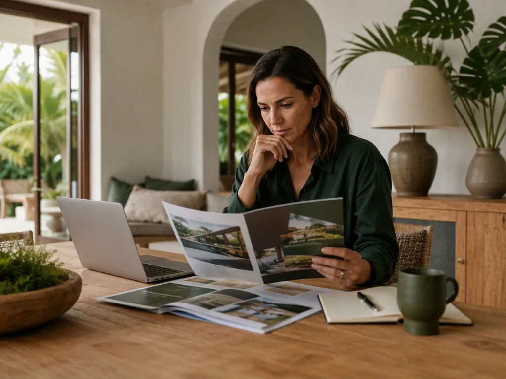An Indonesian educator preparing teaching materials at an oak table in a bright Bali villa.