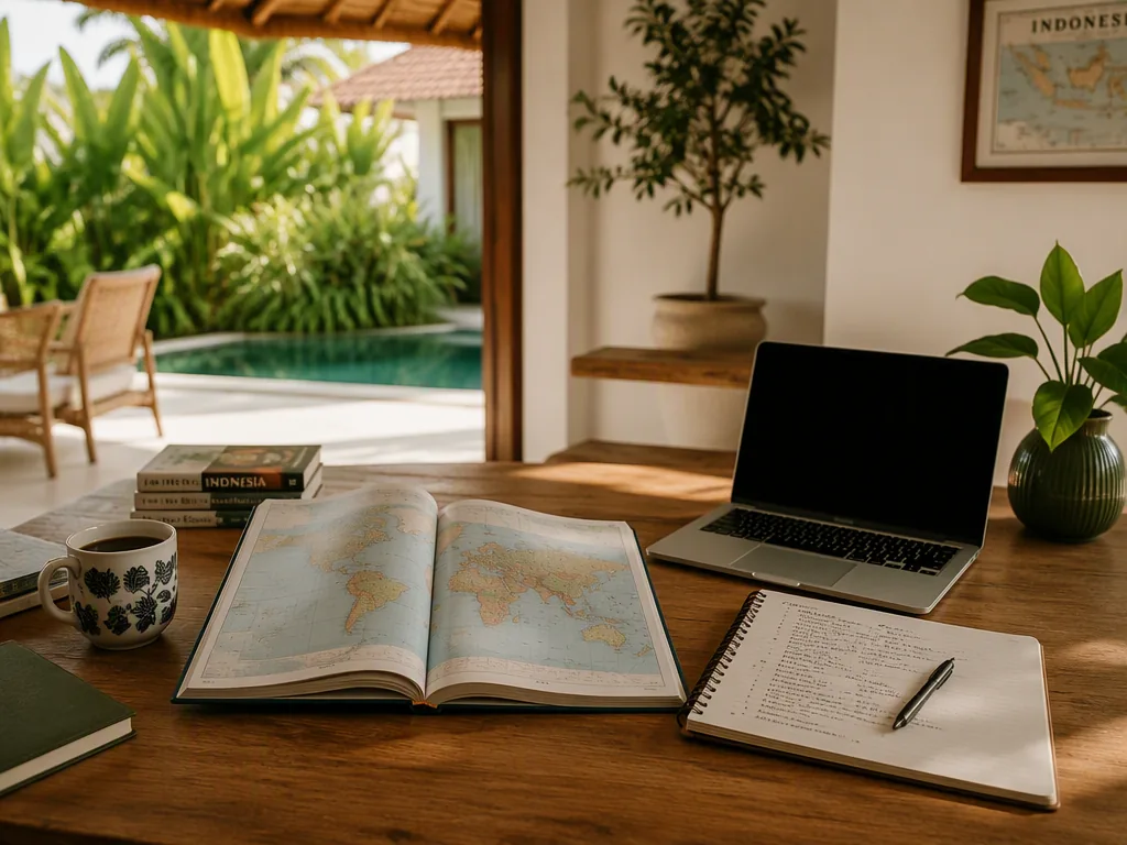 Atlas, laptop and study notes beside a tropical garden. An editorial learning image, not Green School’s campus.