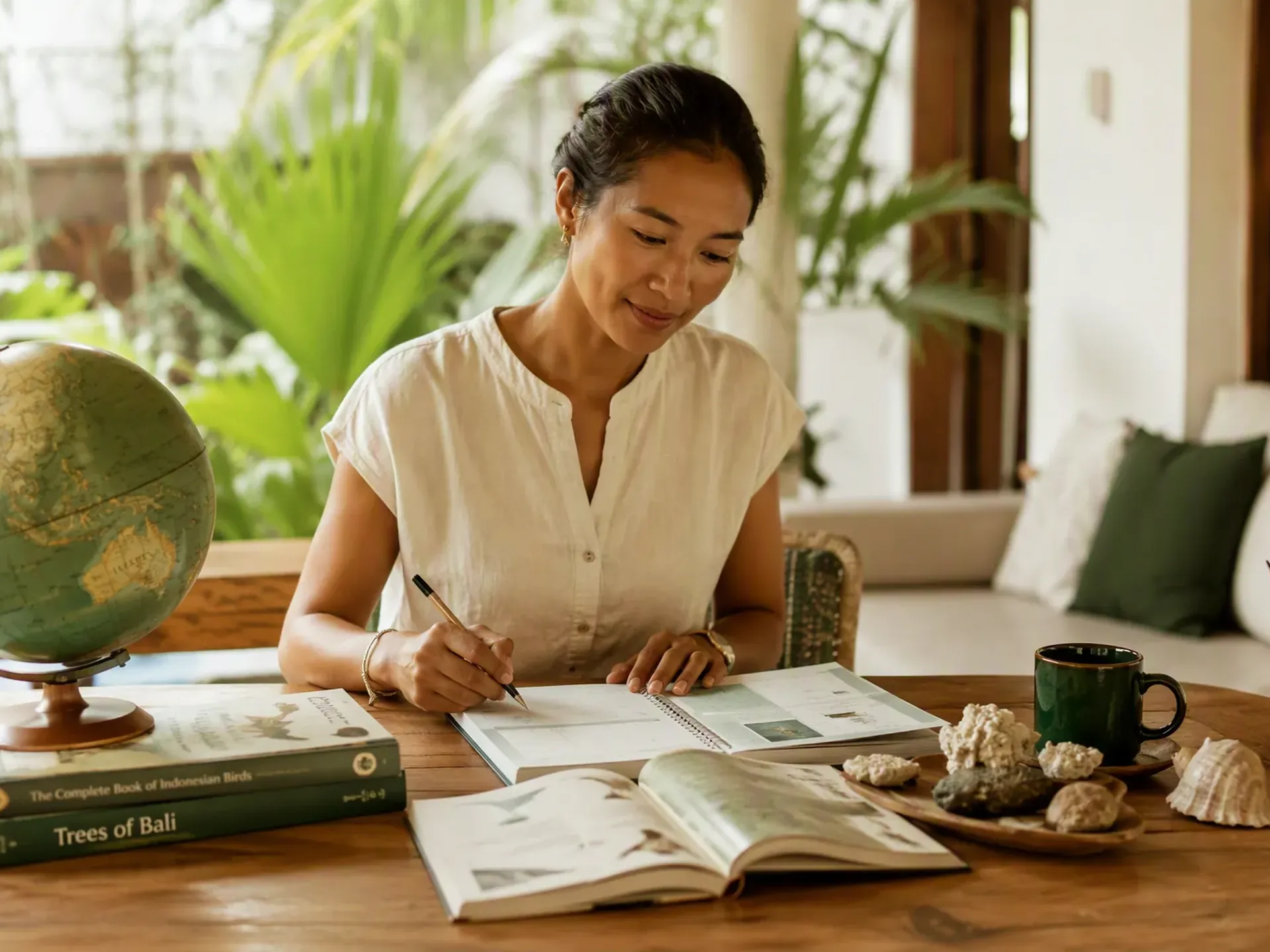 A tutor teaching a home lesson for two siblings at a dining table with books and maps