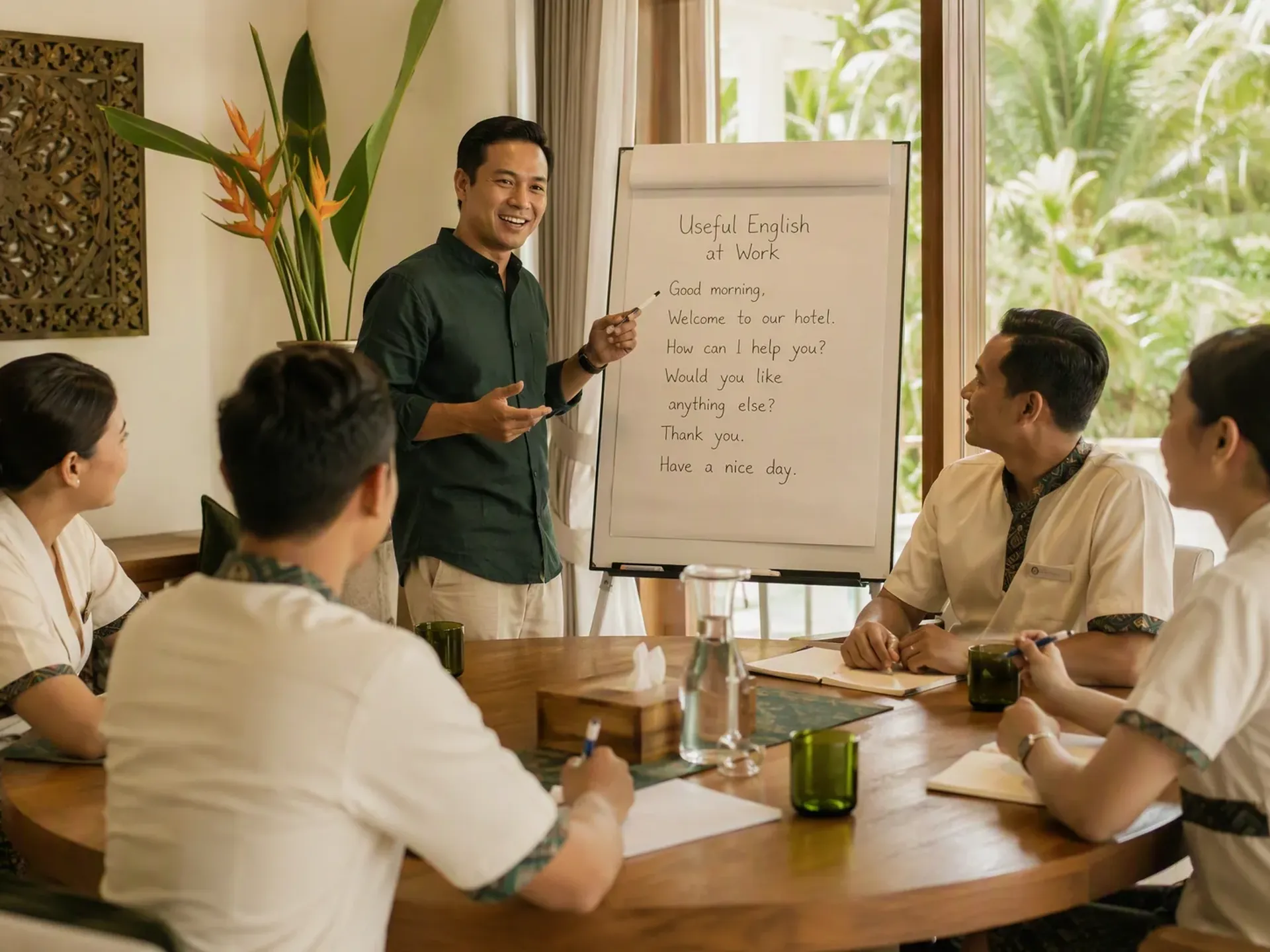 A workplace English session for hotel and business teams in Bali.