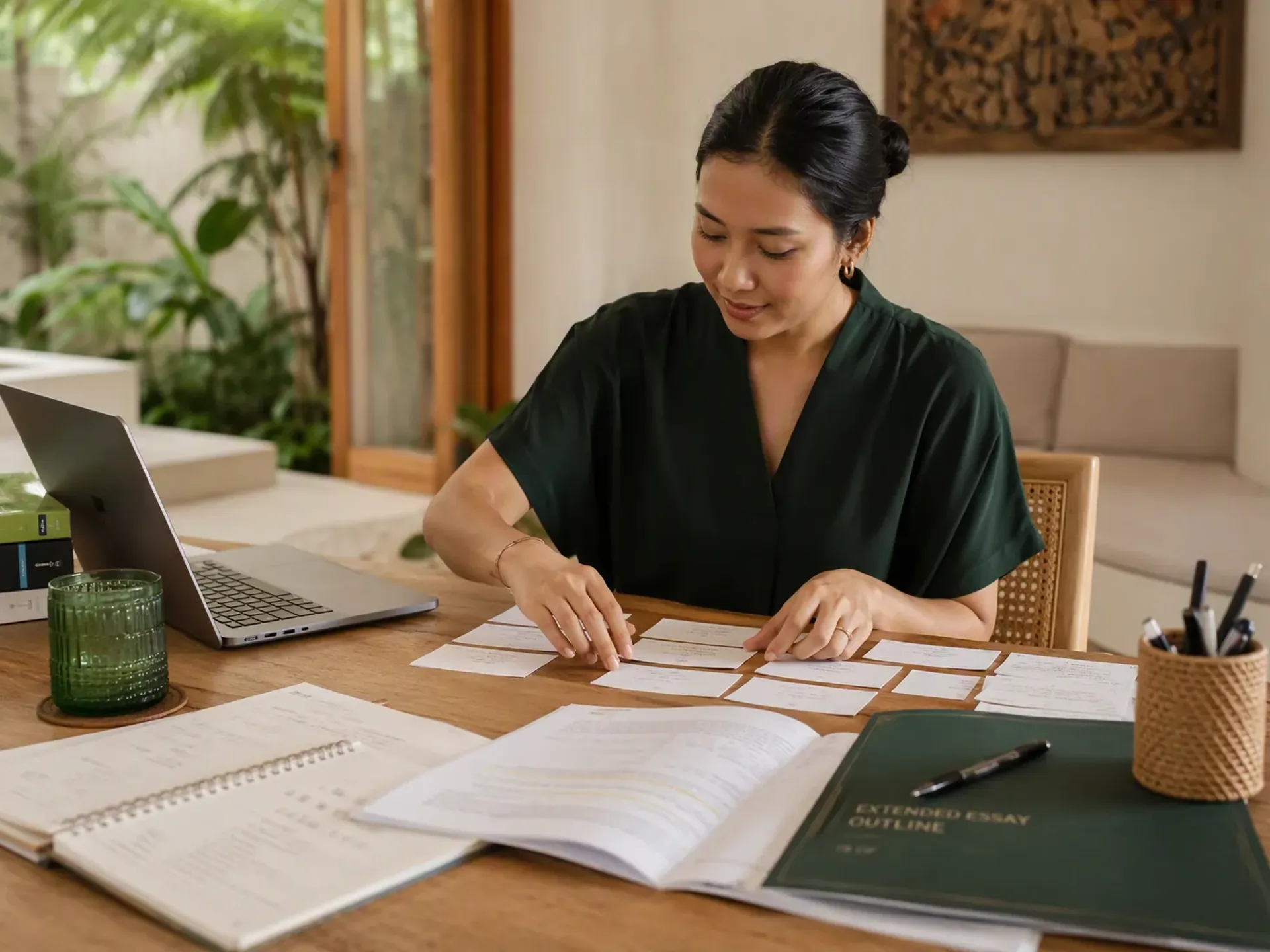 Private IB tutor preparing a one-to-one Diploma lesson at a villa table in Bali with maths and science materials