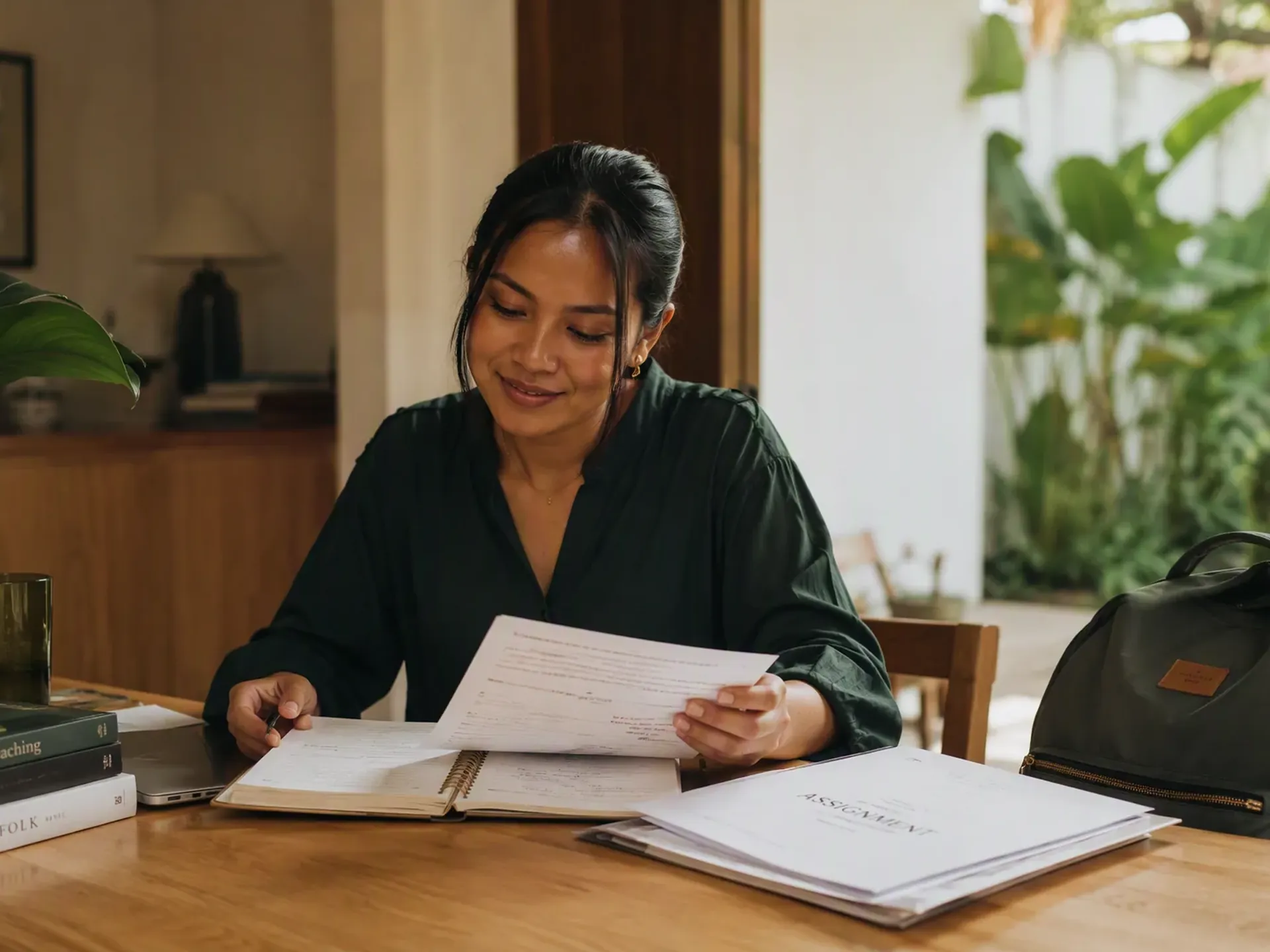An Indonesian educator preparing a one-to-one lesson at an oak table in a bright Bali villa, with student books and learning materials on the table.