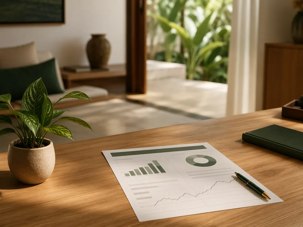 An Indonesian educator preparing teaching materials at an oak table in a bright Bali villa.
