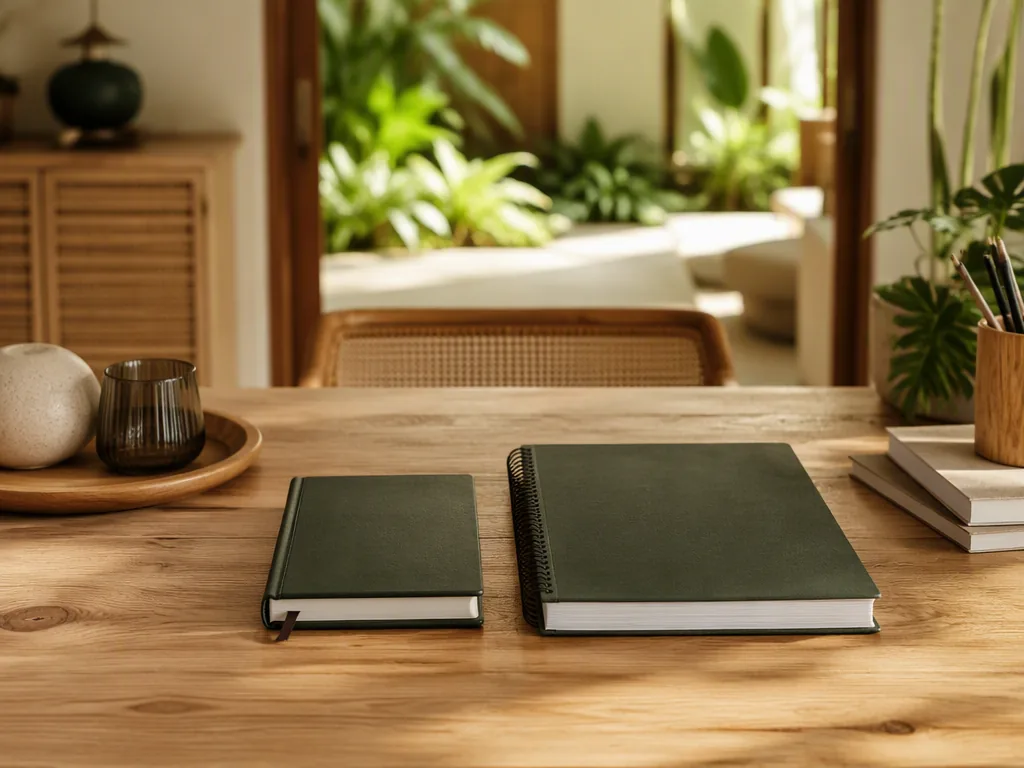 An Indonesian educator preparing teaching materials at an oak table in a bright Bali villa.