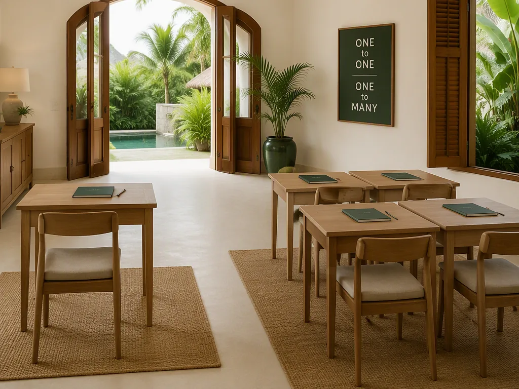 An Indonesian educator preparing teaching materials at an oak table in a bright Bali villa.