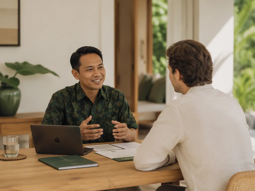 An Indonesian educator preparing teaching materials at an oak table in a bright Bali villa.