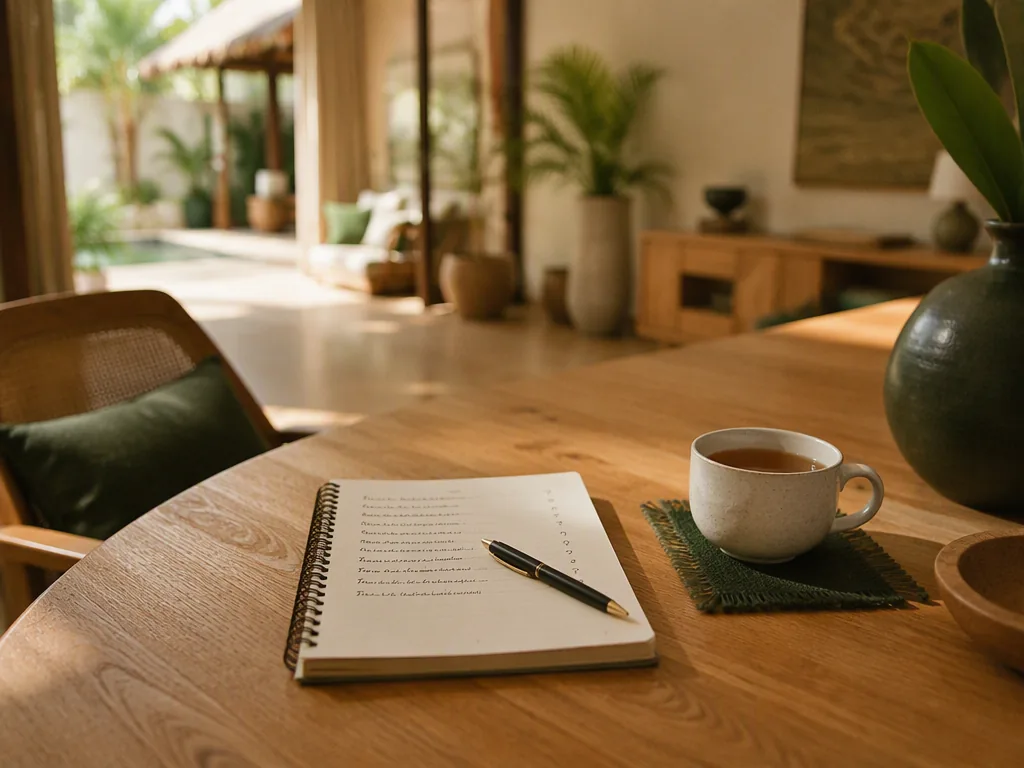 An Indonesian educator preparing teaching materials at an oak table in a bright Bali villa.