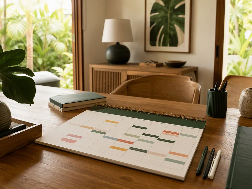 An Indonesian educator preparing teaching materials at an oak table in a bright Bali villa.