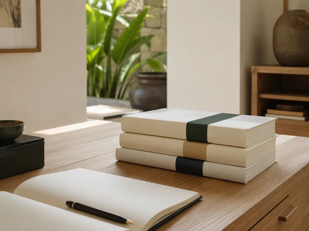 Books and a notebook ready for curriculum planning. This illustrative still life does not depict Bali Island School.