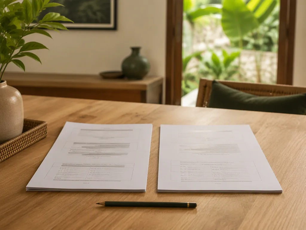 An Indonesian educator preparing teaching materials at an oak table in a bright Bali villa.