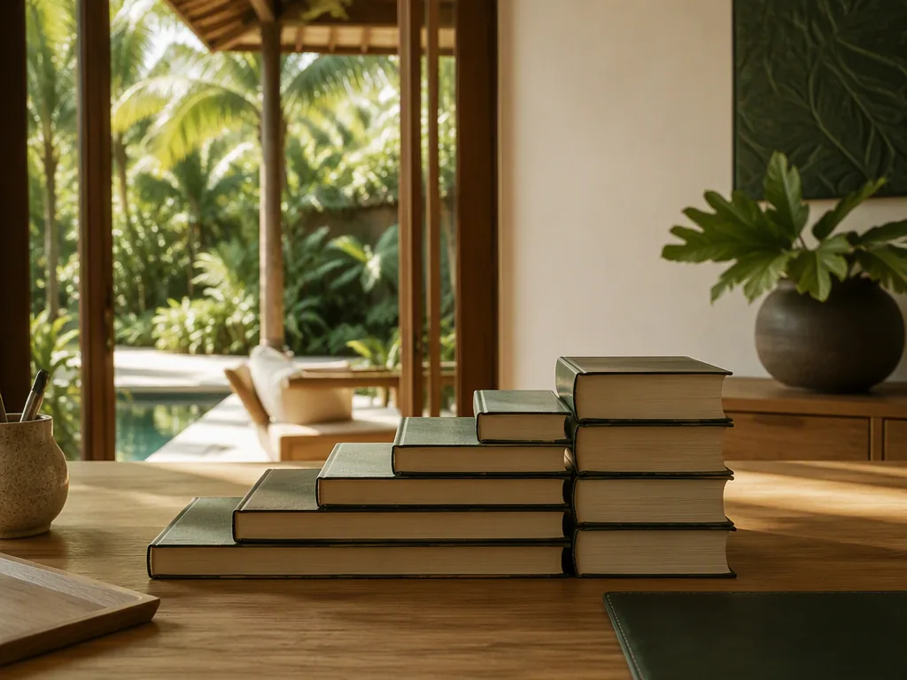 An Indonesian educator preparing teaching materials at an oak table in a bright Bali villa.