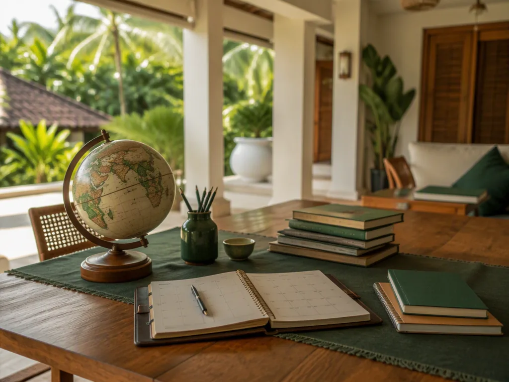 An Indonesian educator preparing teaching materials at an oak table in a bright Bali villa.