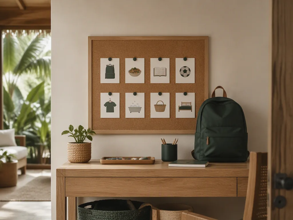 An Indonesian educator preparing teaching materials at an oak table in a bright Bali villa.