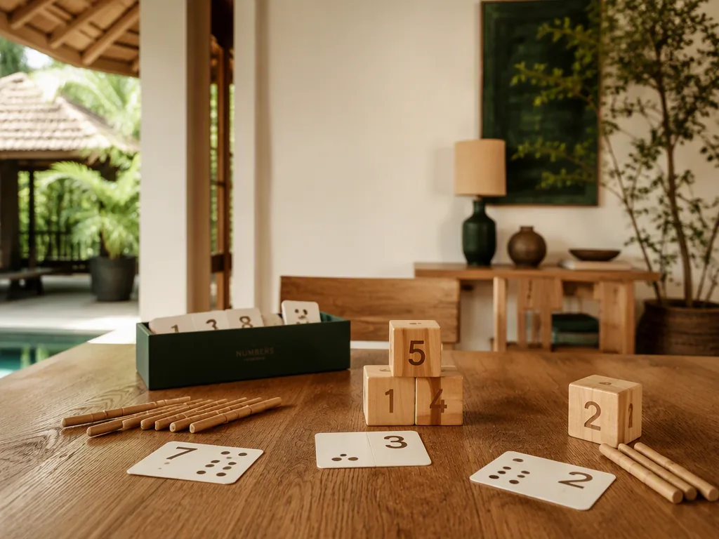 Counters, number blocks and cards on a learning table. Generic illustrative resources, not a certified Montessori environment.