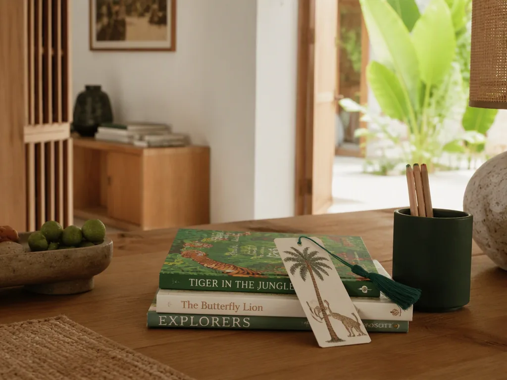 Children’s books, a bookmark and pencils arranged for reading. Editorial illustration, not Sunrise School learning materials.