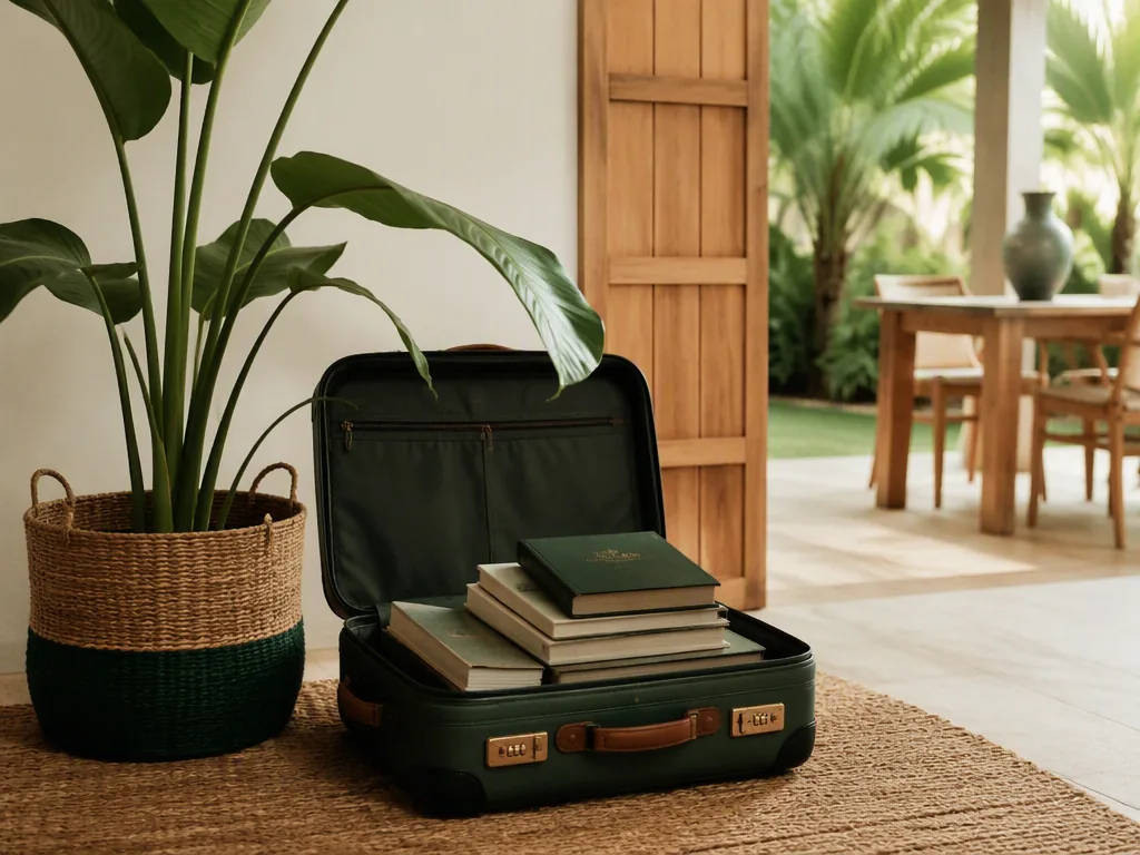 An Indonesian educator preparing teaching materials at an oak table in a bright Bali villa.