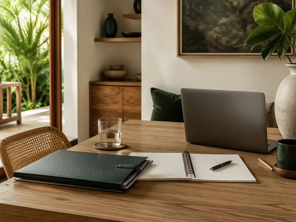 An Indonesian educator preparing teaching materials at an oak table in a bright Bali villa.