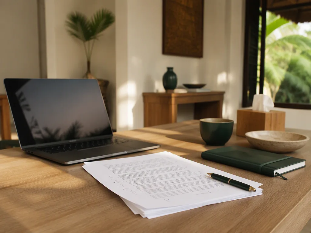 An Indonesian educator preparing teaching materials at an oak table in a bright Bali villa.